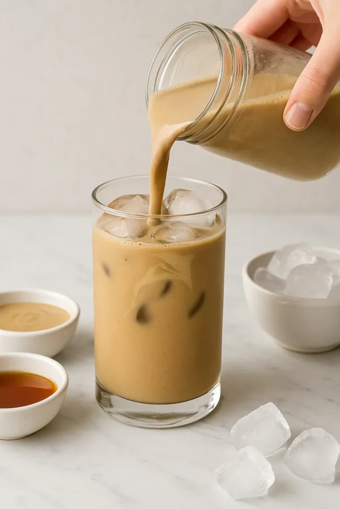 Hand pouring creamy tahini iced latte from a jar into a glass of ice, with bowls of tahini and syrup on a marble surface