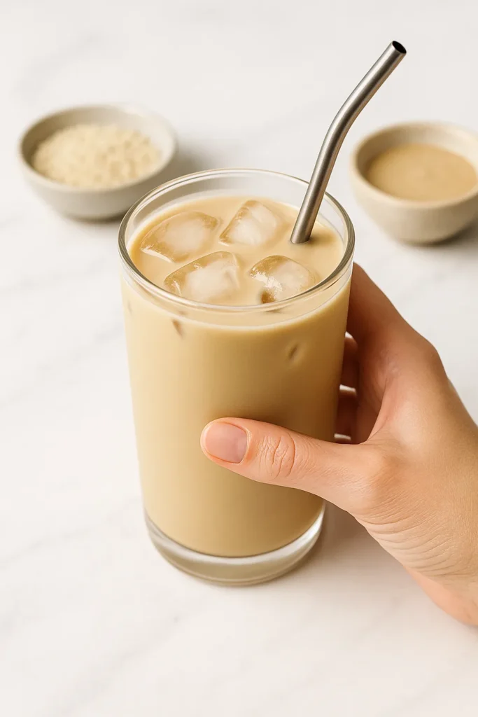 Hand holding a glass of tahini iced latte with ice cubes and metal straw, surrounded by sesame seeds and tahini bowls on a marble surface